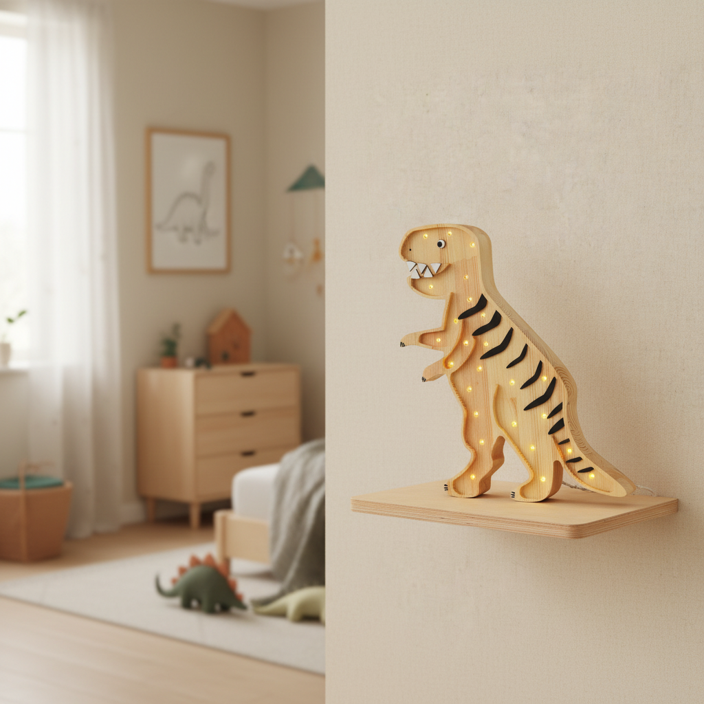 Veilleuse dinosaure T-Rex en bois clair Little Lights allumée sur une étagère dans une chambre d’enfant décorée de style scandinave