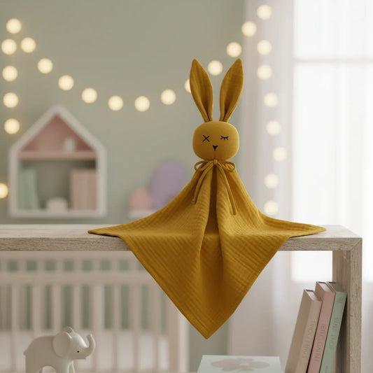 Doudou lapin honey sur une étagère en bois dans une chambre bébé cosy avec guirlande lumineuse