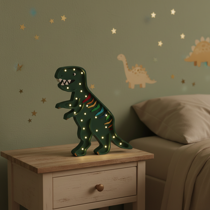 Veilleuse dinosaure T-Rex verte Little Lights allumée sur une table de chevet dans une chambre d’enfant aux tons sauge et beige