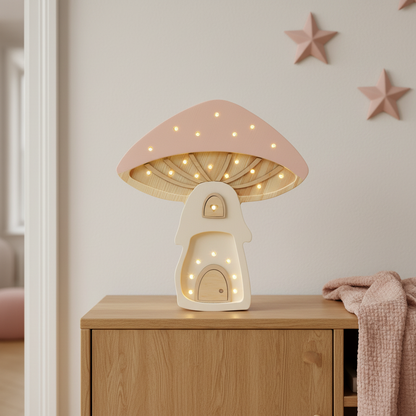 Veilleuse champignon Little Lights rose poudré et crème allumée dans une chambre d’enfant moderne aux tons naturels