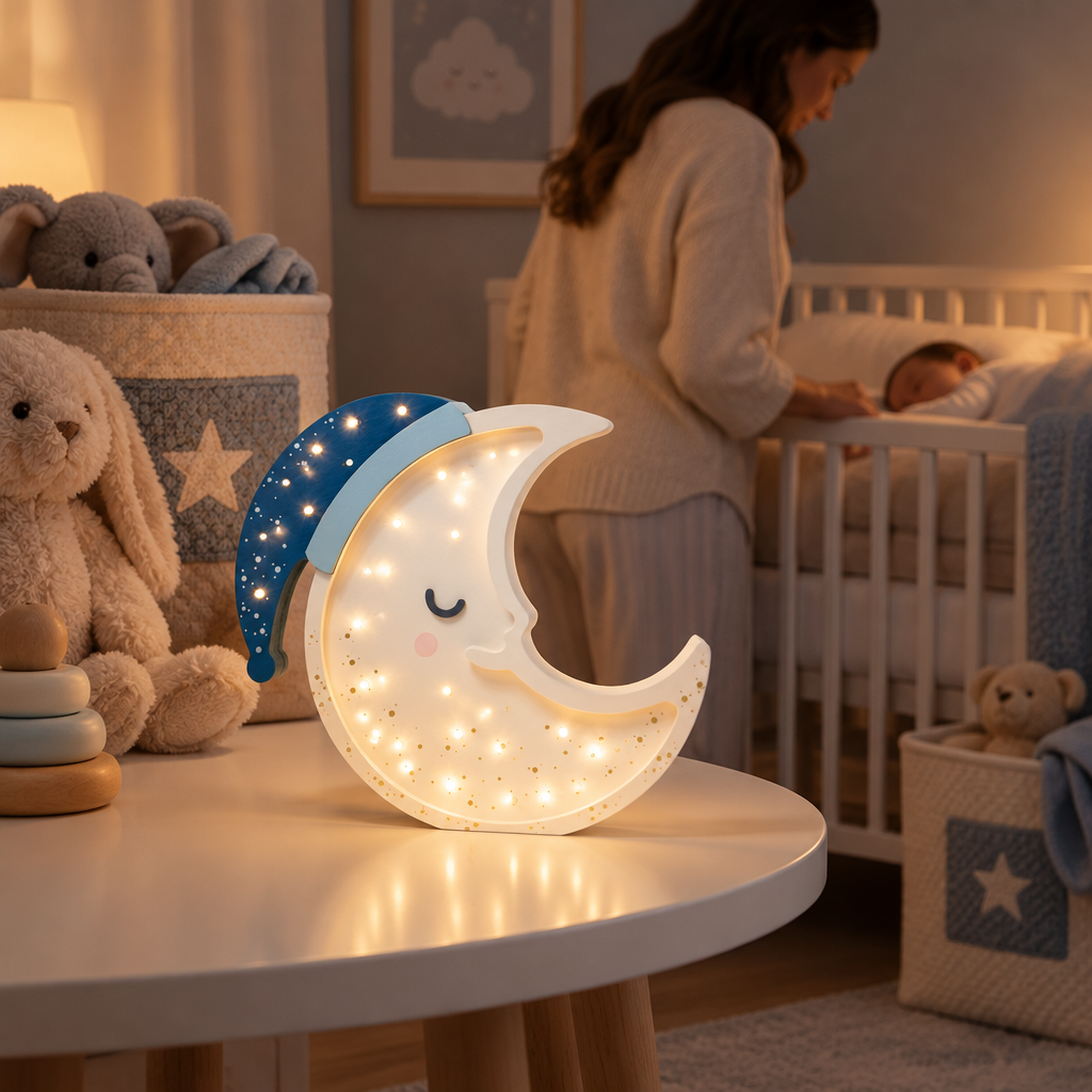 Maman près de bébé endormi avec la veilleuse Lune éclairée