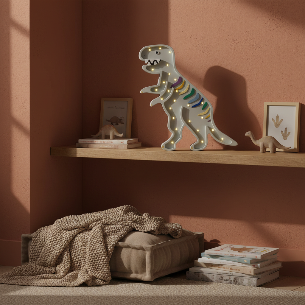 Veilleuse dinosaure T-Rex Little Lights allumée sur une étagère dans une chambre d’enfant décorée aux tons terre cuite et beige