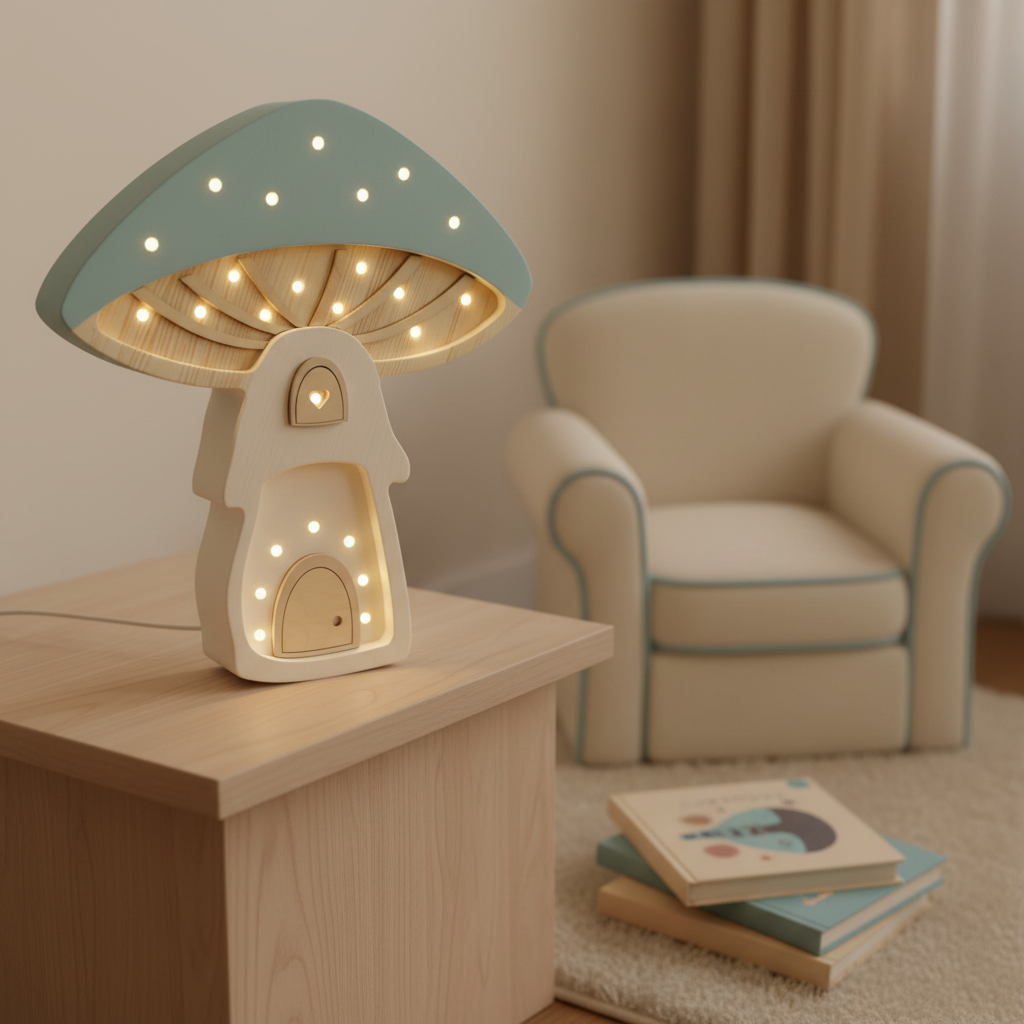 Veilleuse champignon Little Lights bleu pastel et crème allumée dans un coin lecture cosy d’une chambre d’enfant