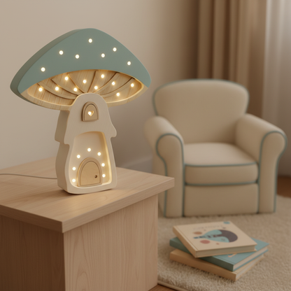 Veilleuse champignon Little Lights bleu pastel et crème allumée dans un coin lecture cosy d’une chambre d’enfant