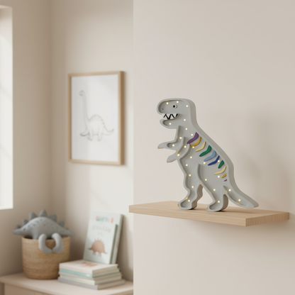 Veilleuse dinosaure T-Rex Little Lights allumée sur une étagère dans une chambre d’enfant décorée de style scandinave