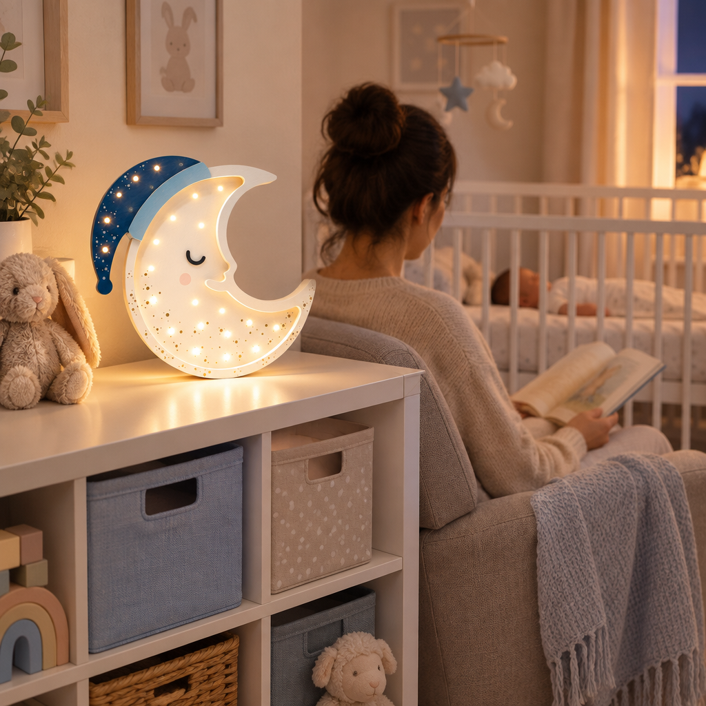 Maman lisant près de bébé avec la veilleuse Lune allumée