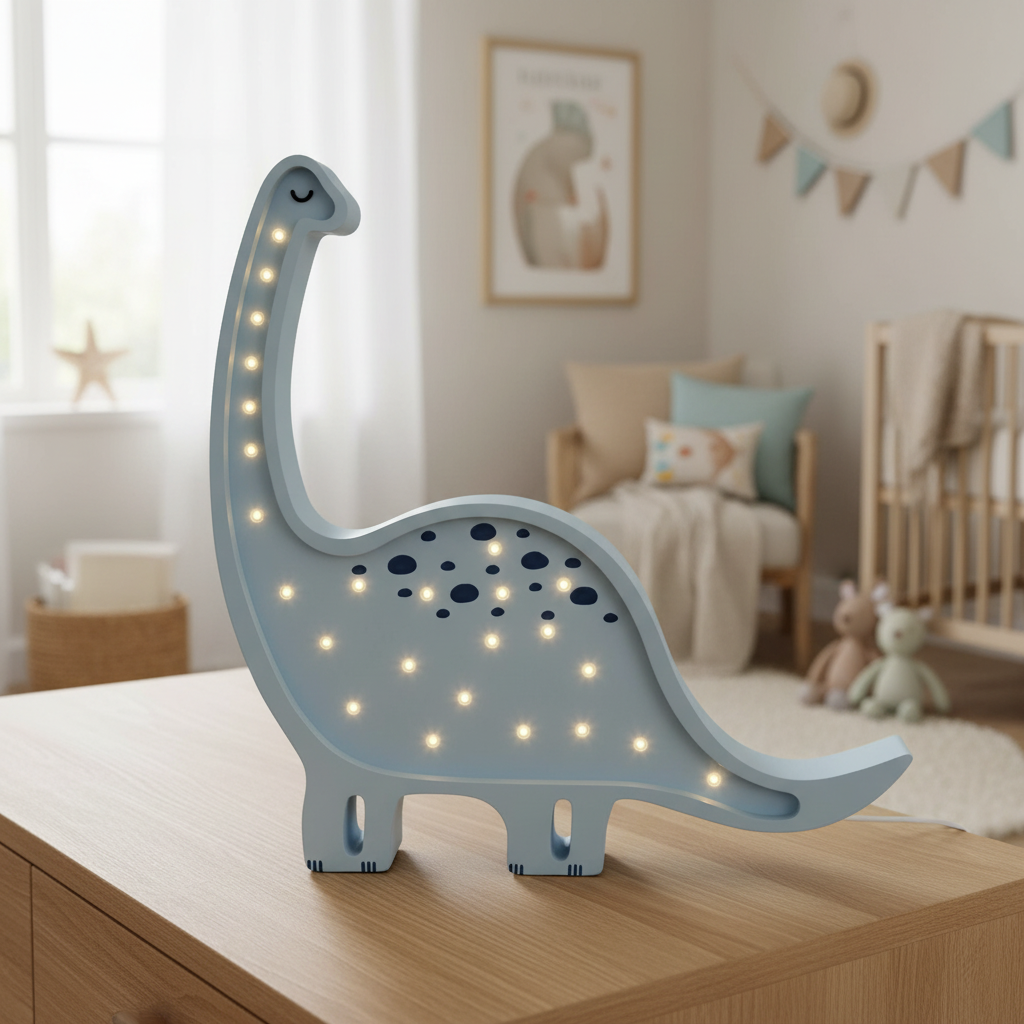 Veilleuse bébé Diplodocus bleu clair dans une chambre chaleureuse