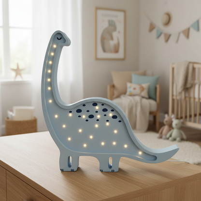 Veilleuse bébé Diplodocus bleu clair dans une chambre chaleureuse
