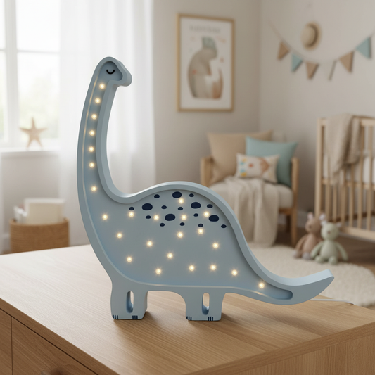 Veilleuse bébé Diplodocus bleu clair dans une chambre chaleureuse