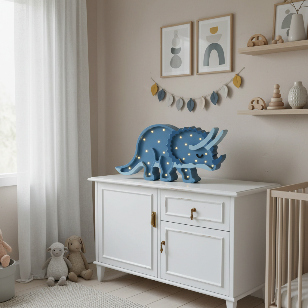 Veilleuse bébé Tricératops bleu pastel dans une chambre enfant cosy