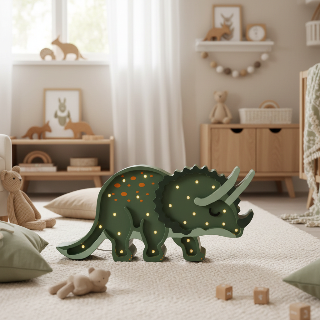 Veilleuse bébé Tricératops verte dans une chambre enfant cosy