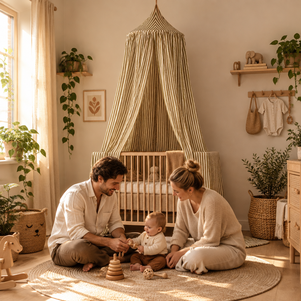 Parents jouant avec bébé sous le ciel de lit rayures olive dans une ambiance bohème