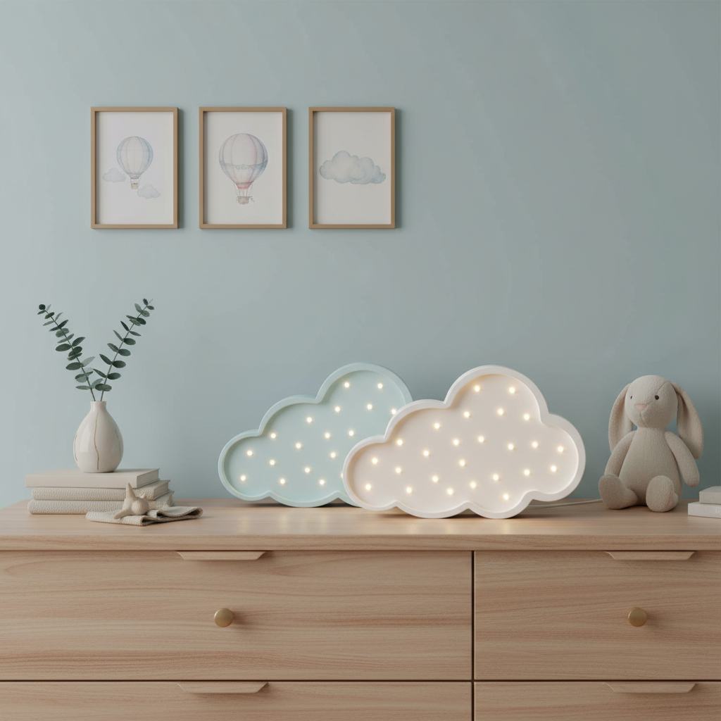 Deux veilleuses bébé Nuage bleue et blanche dans une chambre douce