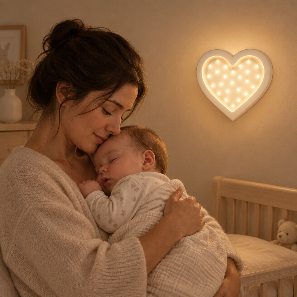 Maman apaisant son bébé la nuit près de la veilleuse Cœur