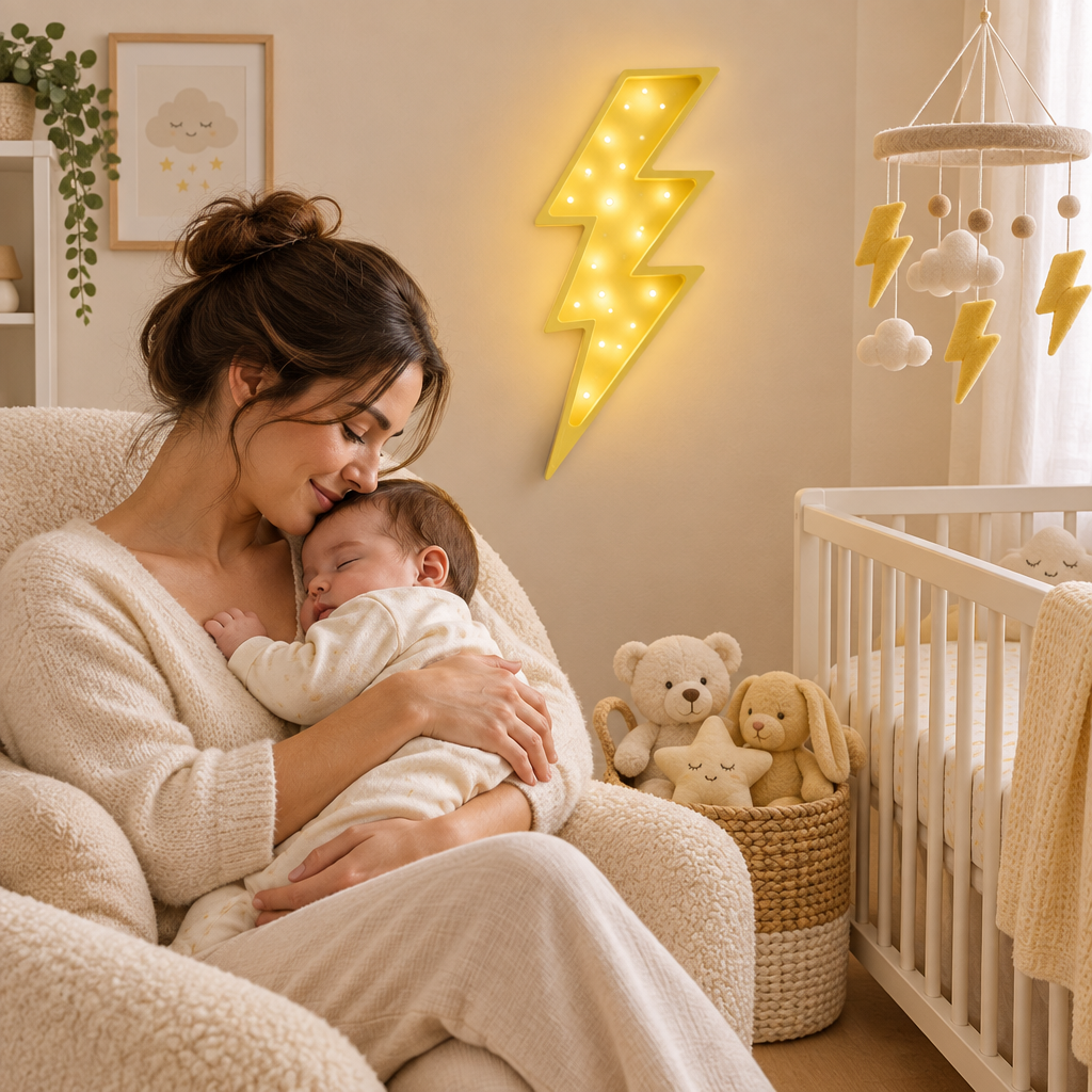 Maman berçant son bébé sous une veilleuse éclair jaune