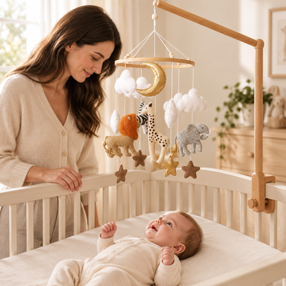Maman près du lit de bébé avec le mobile Safari et son support en bois