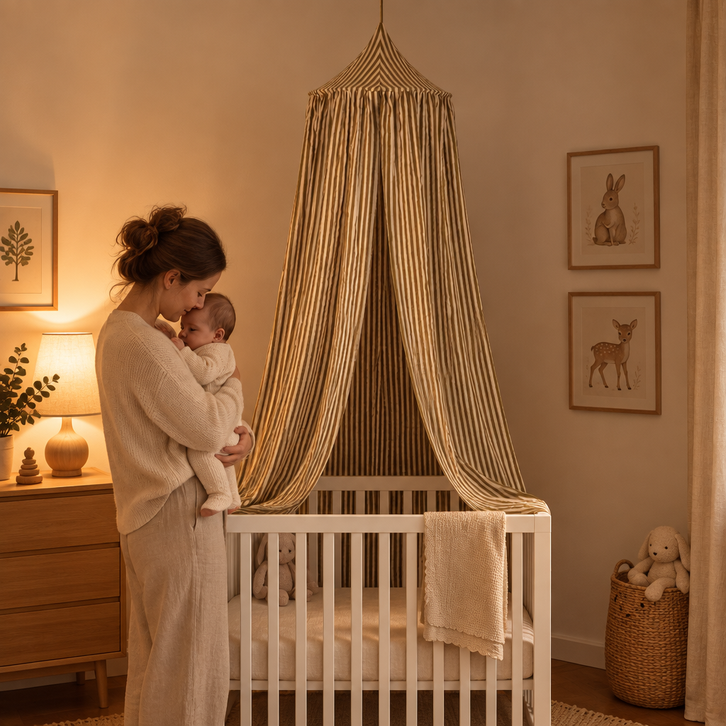 Maman tenant son bébé près du lit sous le ciel de lit rayures olive