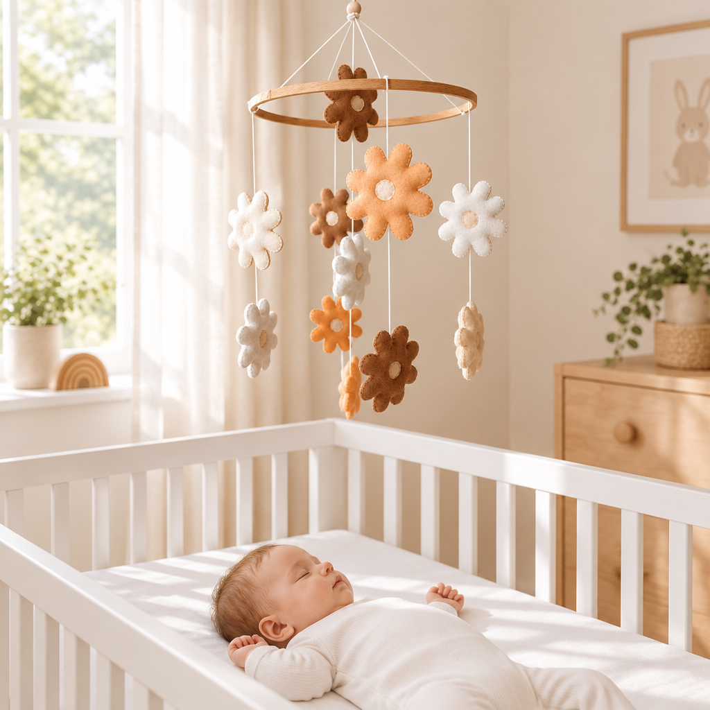 Mobile bébé Fleurs suspendu au-dessus du lit avec bébé endormi