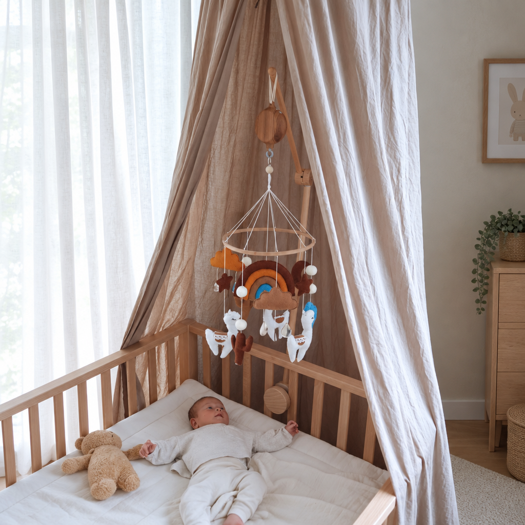 Mobile bébé Lama suspendu au-dessus d’un lit bébé dans une chambre douce