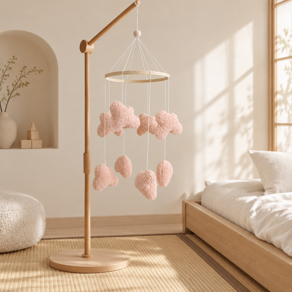 Mobile bébé Nuages bouclés roses avec support en bois dans une chambre japandi