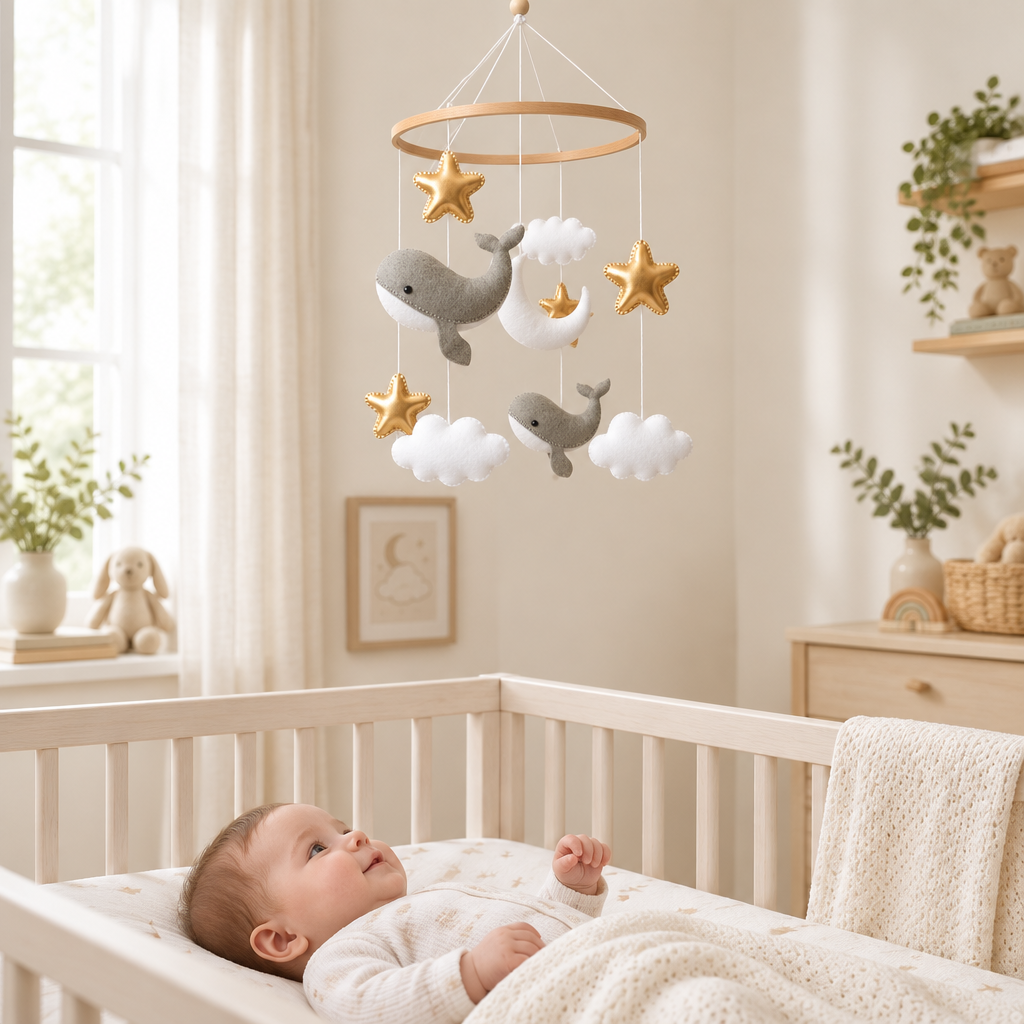 Mobile bébé artisanal Petites Baleines dans une chambre claire
