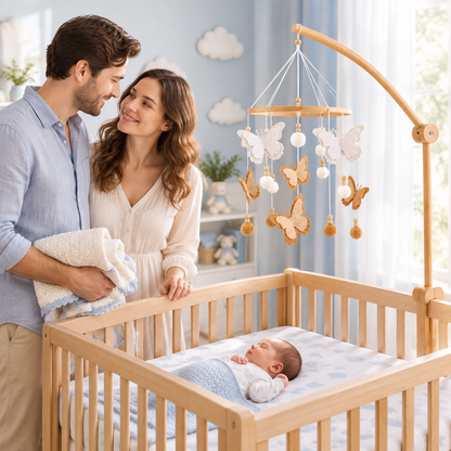 Parents et bébé dans une chambre bleu clair avec le mobile artisanal Papillons