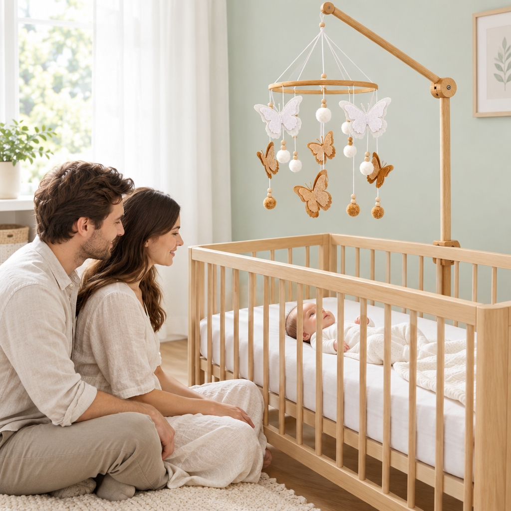 Parents près du berceau avec le mobile bébé Papillons dans une chambre vert menthe