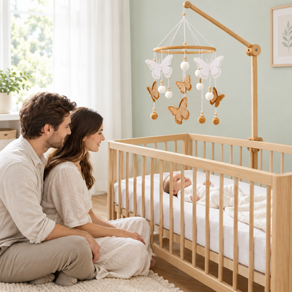 Parents près du berceau avec le mobile bébé Papillons dans une chambre vert menthe