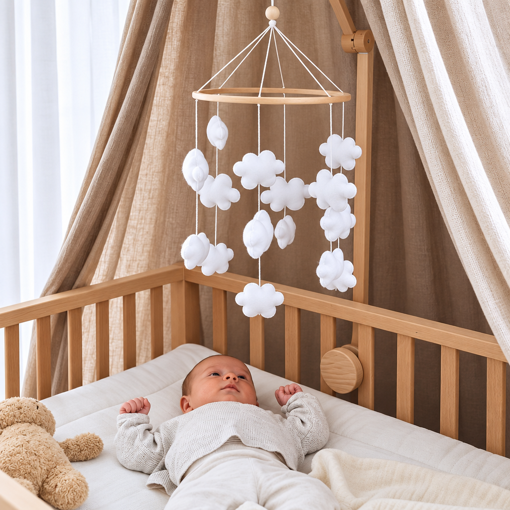 Mobile bébé artisanal Nuages au-dessus du berceau avec bébé