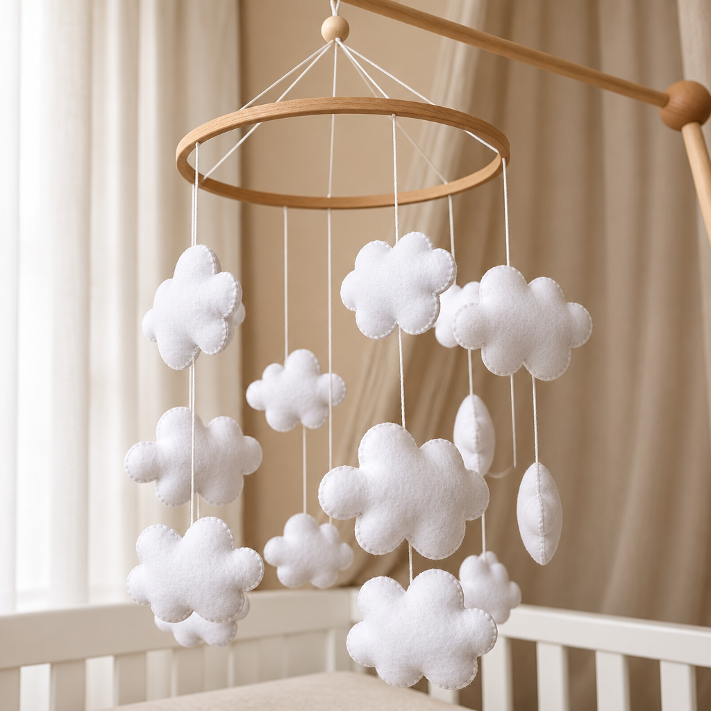 Mobile bébé artisanal Nuages fait main suspendu dans une chambre de bébé