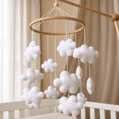 Mobile bébé artisanal Nuages fait main suspendu dans une chambre de bébé