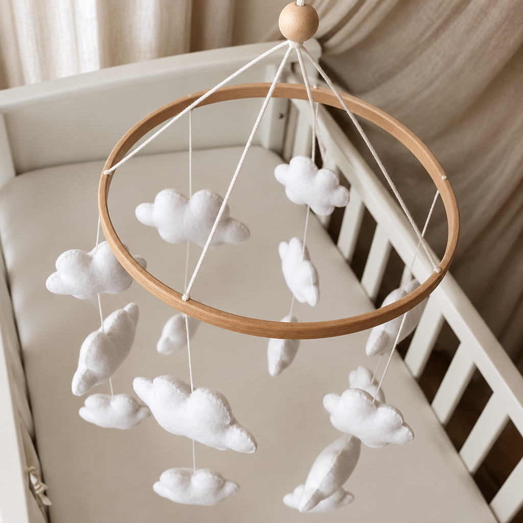 Vue en angle du mobile bébé artisanal Nuages fait main