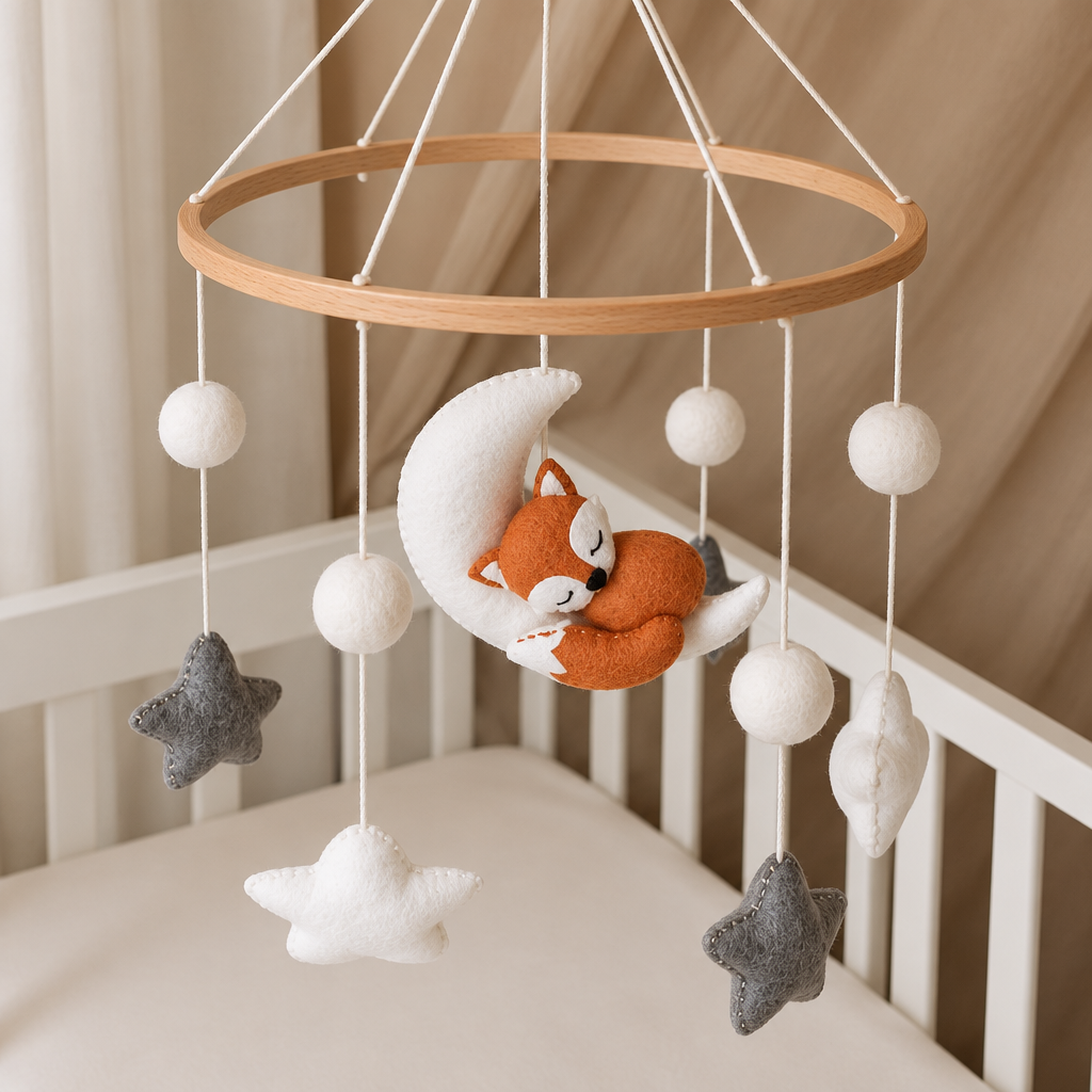 Mobile bébé artisanal Renard suspendu dans une chambre de bébé