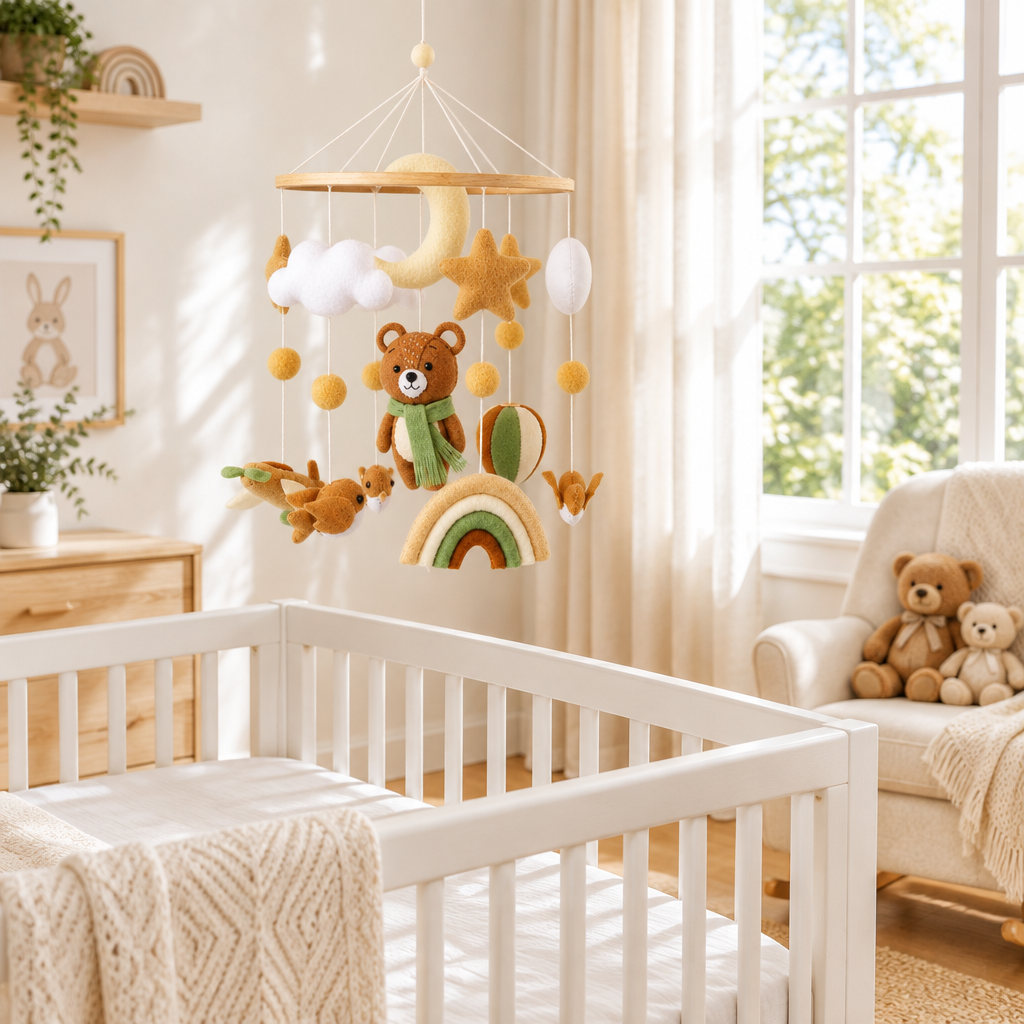 Mobile bébé Ourson d’automne dans un coin de chambre avec peluches