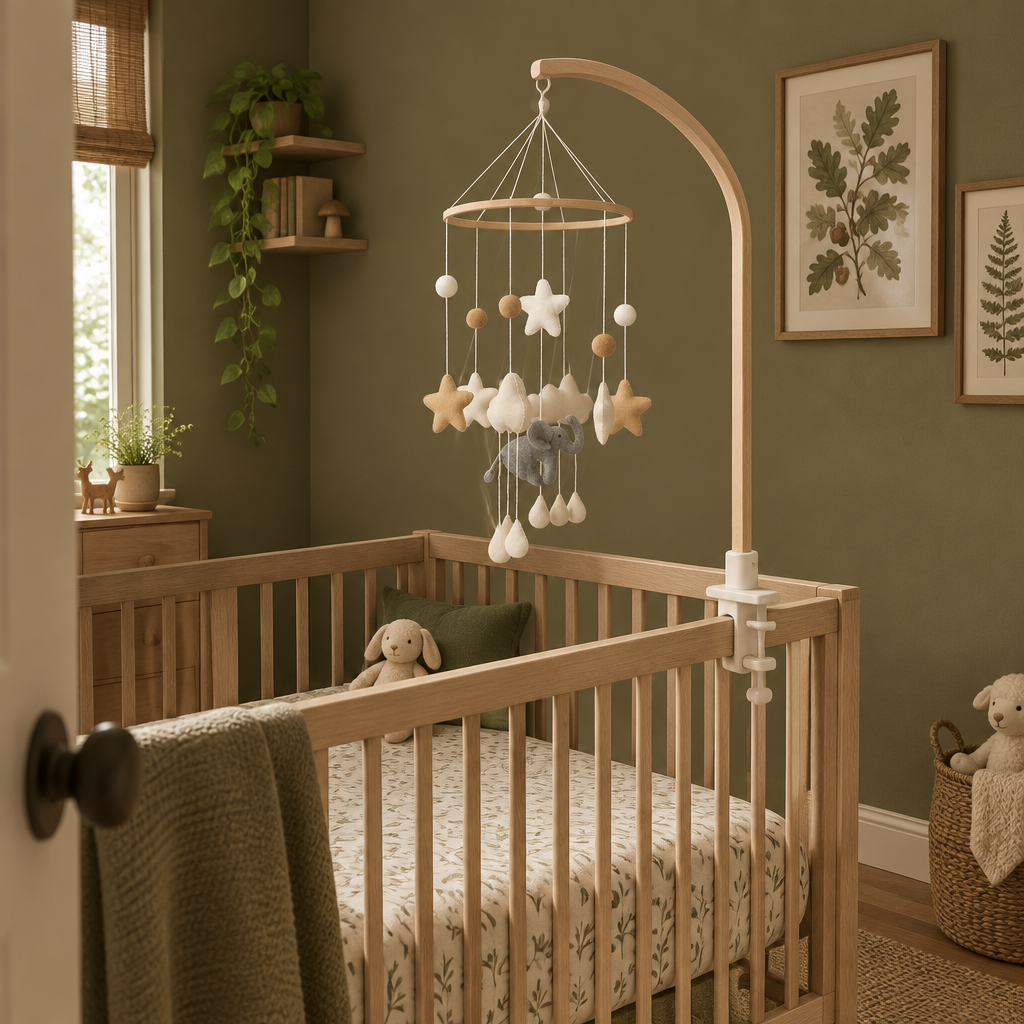 Mobile bébé artisanal Éléphant & Étoiles dans une chambre vert olive