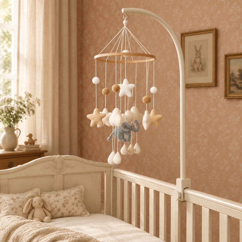 Mobile bébé Éléphant & Étoiles dans une chambre bébé au style vintage