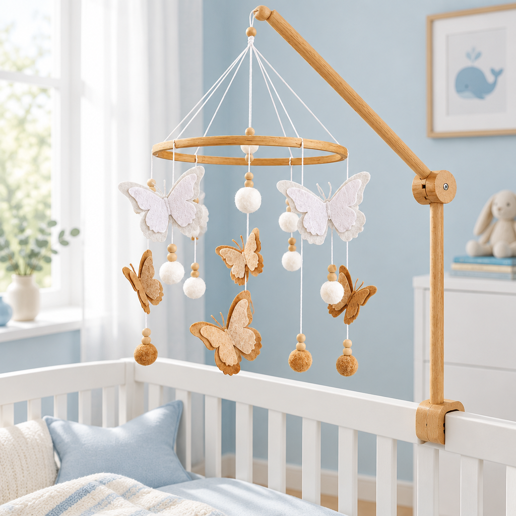 Mobile bébé Papillons fait main dans une chambre bleu poudré douce et lumineuse