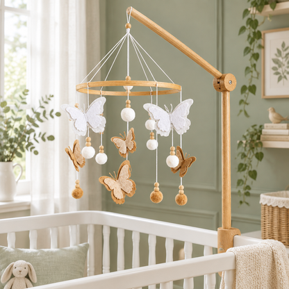 Mobile bébé artisanal Papillons dans une chambre aux tons sauge et naturels