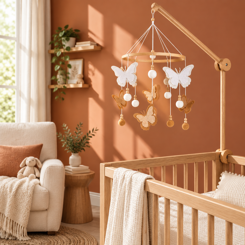 Mobile bébé artisanal Papillons dans une chambre aux tons terracotta et bois naturel