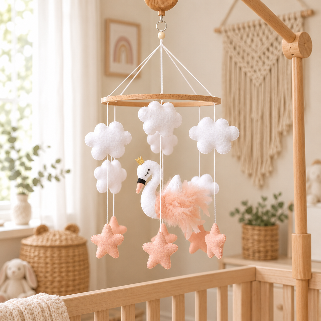 Mobile Cygne rose fait main dans une chambre bohème claire et chaleureuse