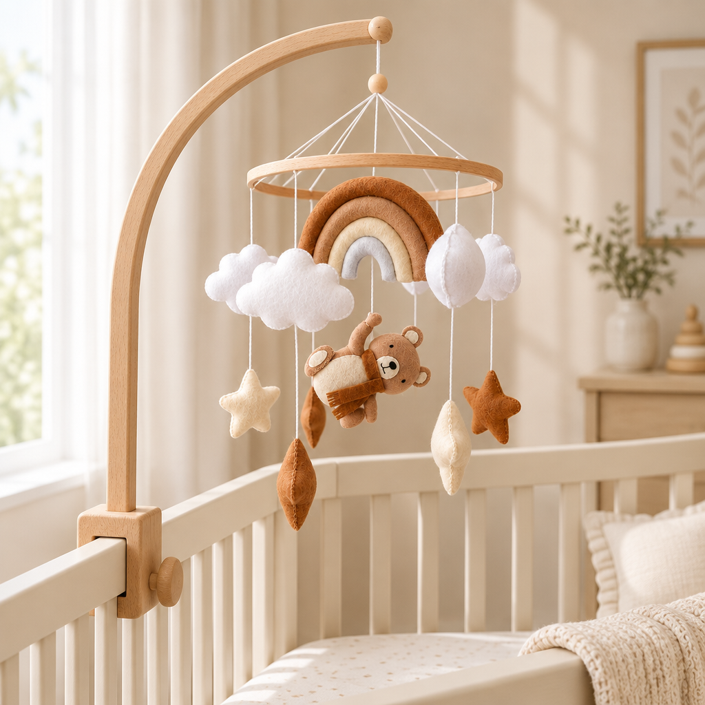 Mobile bébé Ourson Arc-en-ciel suspendu près du lit de bébé dans une chambre douce