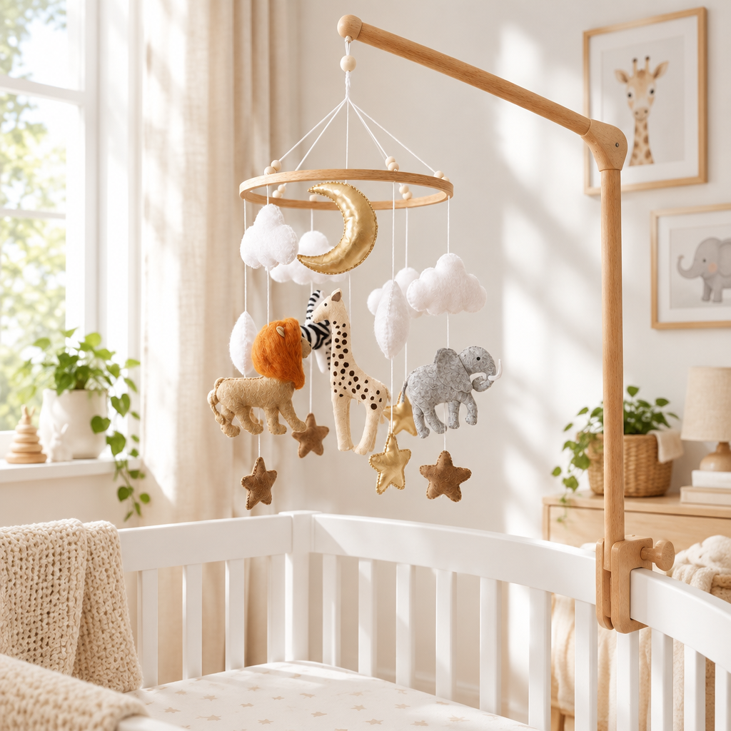 Mobile bébé Safari et support en bois installés au-dessus du lit