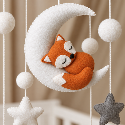 Mobile bébé Lune et Renard endormi fait main en gros plan