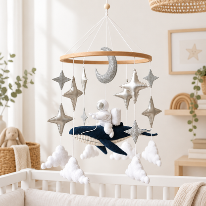 Mobile bébé Astronaute sur Baleine mis en valeur sur un fond doux et lumineux