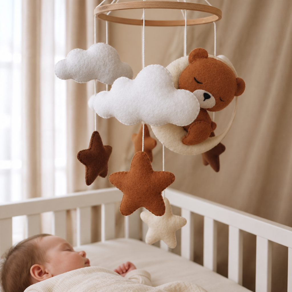 Mobile bébé Ourson endormi suspendu au-dessus d'un lit bébé dans une chambre chaleureuse