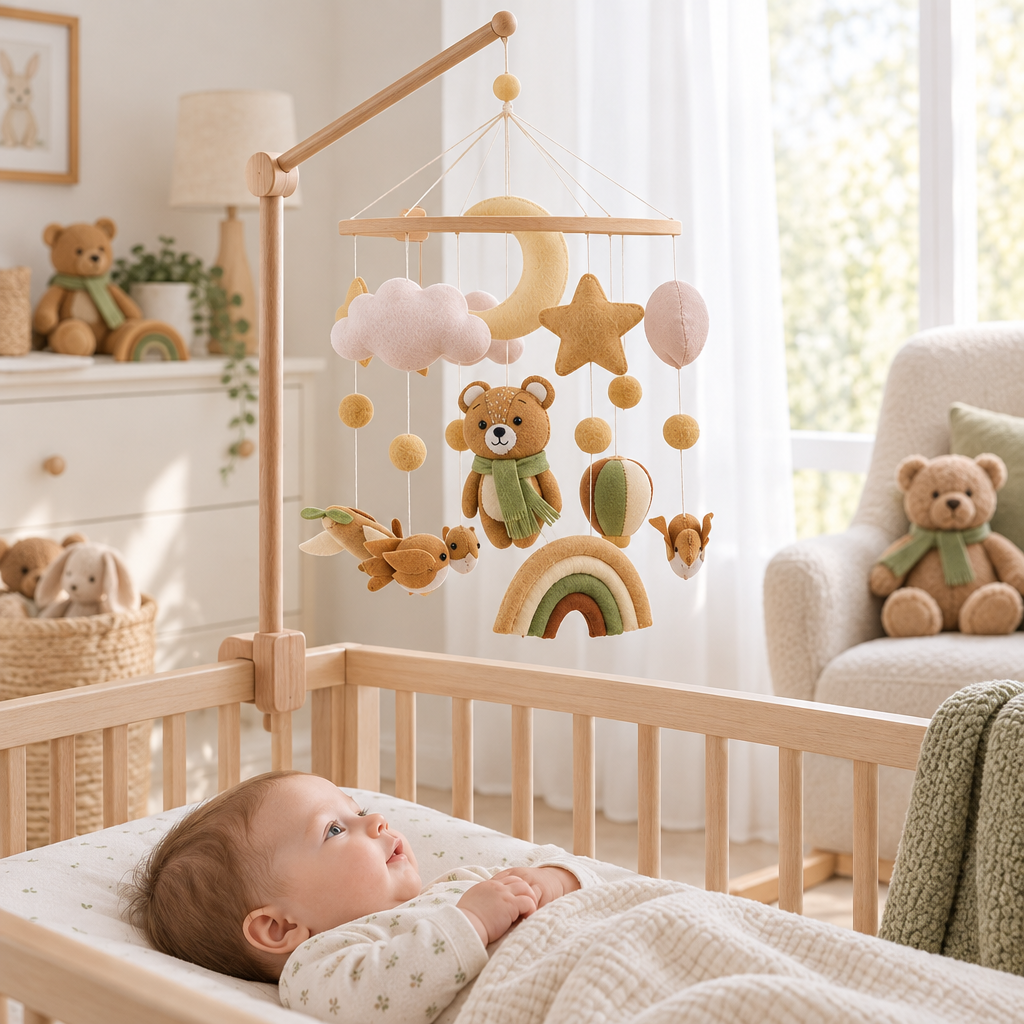 Mobile bébé artisanal Ourson d’automne dans une chambre aux tons doux