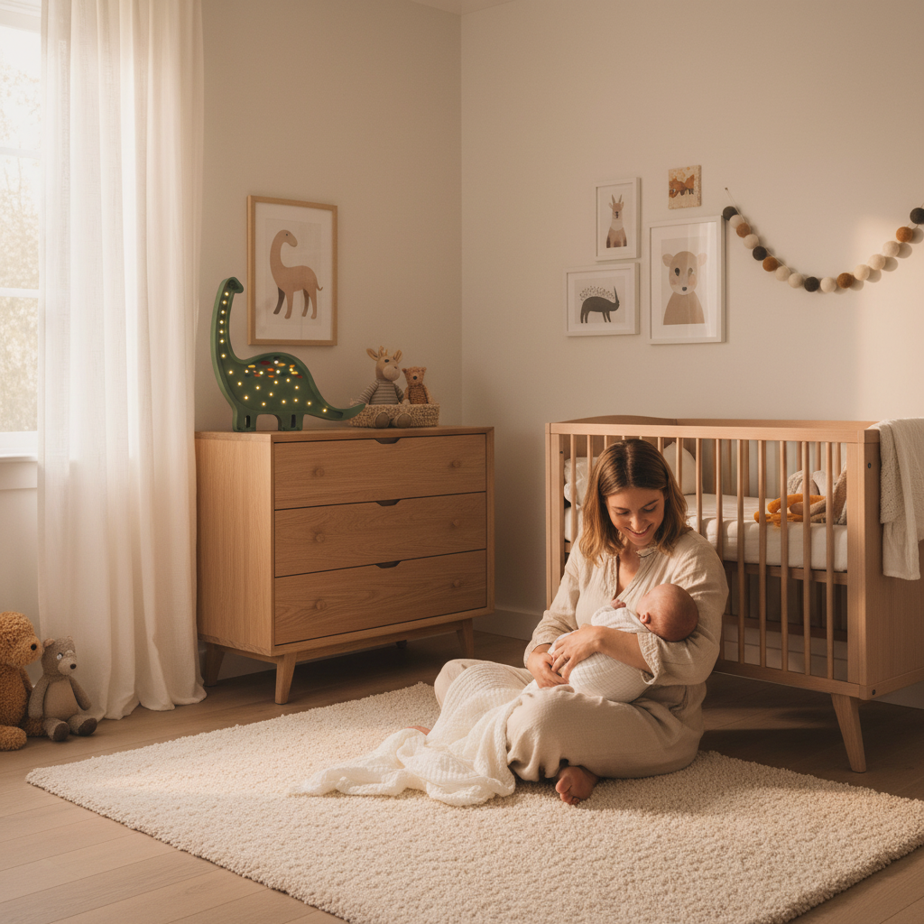 Maman et bébé avec une veilleuse Diplodocus dans une chambre douce