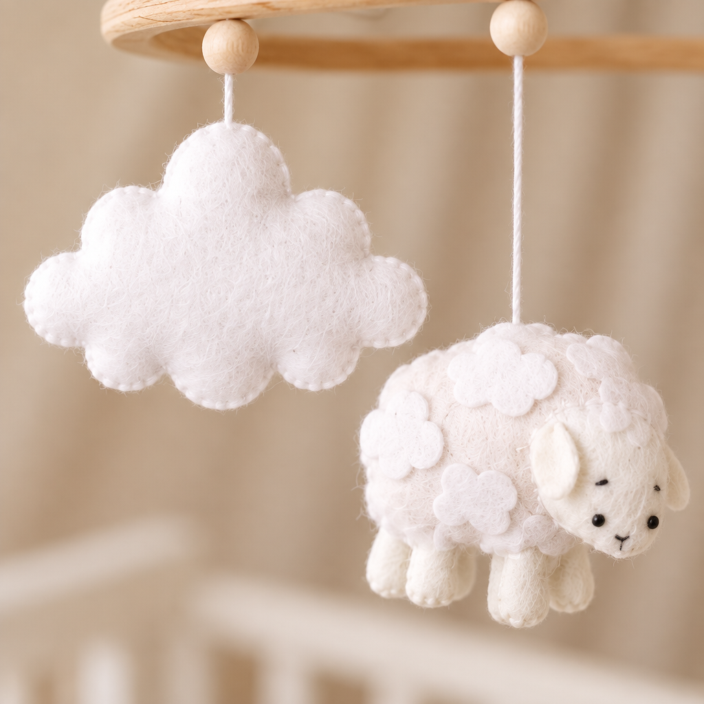 Détail du mouton et du nuage du mobile bébé artisanal Ferme