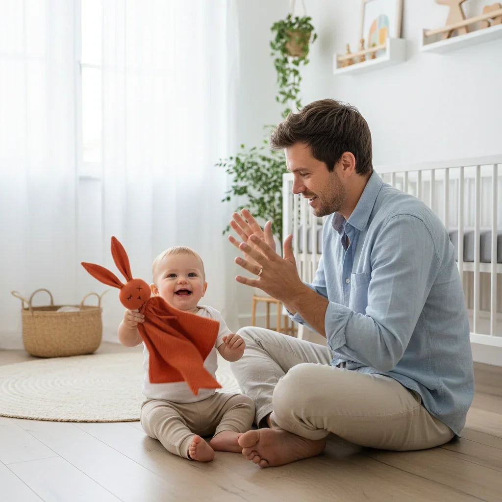 papa-assis-par-terre-jouant-avec-b-b-et-doudou-lapin-orange