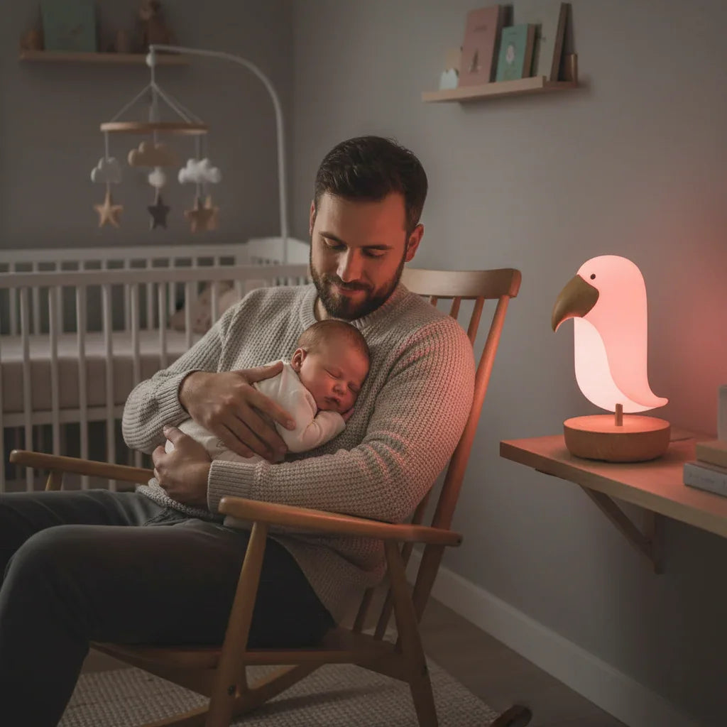 papa-dans-un-rocking-chair-ber-ant-son-b-b-avec-la-veilleuse-oiseau-en-arri-re-plan